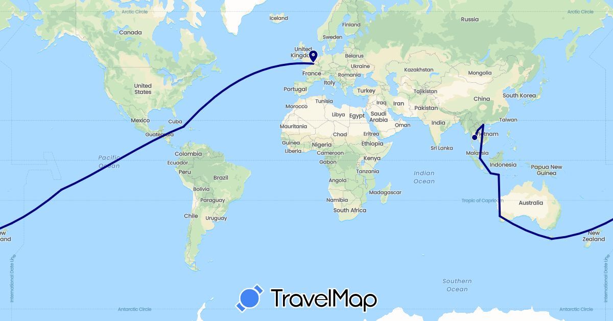 TravelMap itinerary: driving in Australia, Cuba, France, Indonesia, Cambodia, Laos, Singapore, Thailand, Vietnam (Asia, Europe, North America, Oceania)